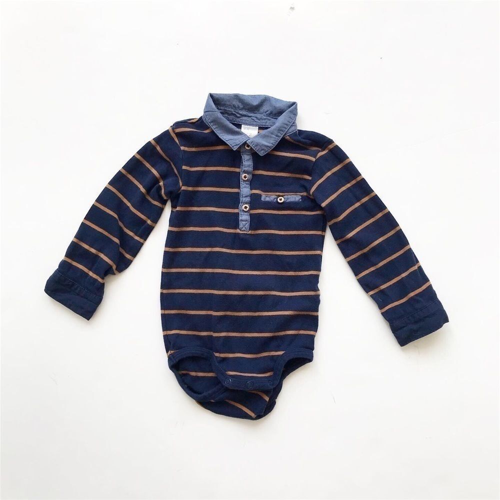 H&M navy/tan stripe diaper shirt  EUC 12-18 months